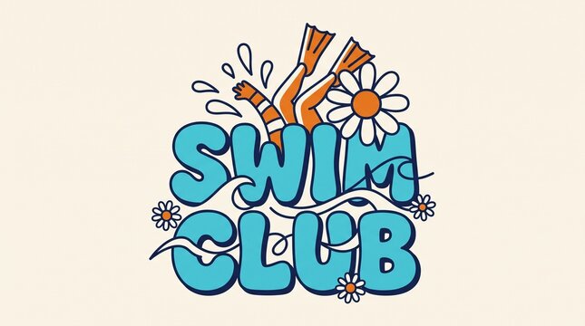 Chunky bubble lettering "SWIM CLUB" with wavy water lines weaving through letters, a pair of legs kicking, daisy accents, two-tone flat colors.