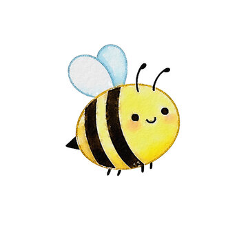 Cute cartoon bumblebee with a smiling face and stripes isolated on white background. Hand-drawn watercolor flying insect and honey bee illustration.