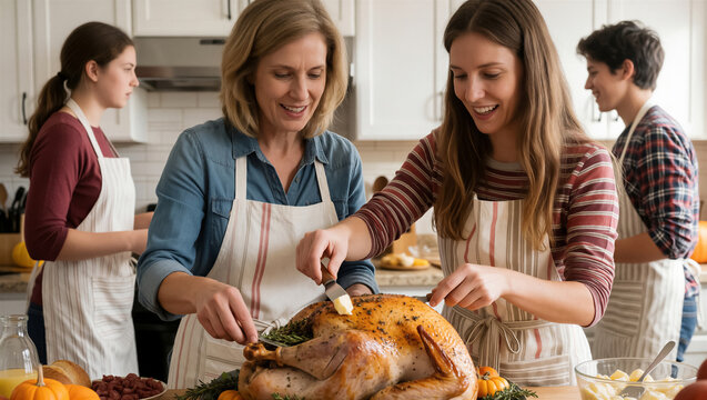 Happy family cooking Thanksgiving dinner in a bright kitchen. A mother and daughter prepare a roasted turkey together on a festive holiday