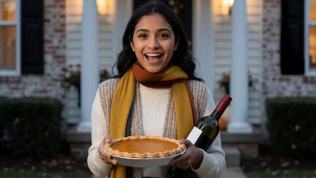 A cheerful woman holds a pumpkin pie and a bottle of wine outside a home. She welcomes everyone for a thanksgiving celebration with a warm smile