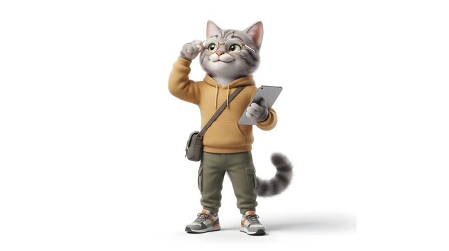 Cute anthropomorphic cat wearing a casual hoodie and glasses, standing confidently on a clean white background as a modern animal character.