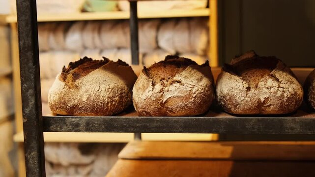 Bakery worker places loaves of bread on wooden rack to cool. Experienced bread maker transfers bread from heated oven onto wooden shelf