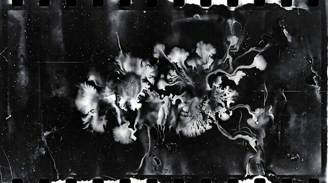Abstract black and white ink splashes on film strip background with background resembling fluid fluid art