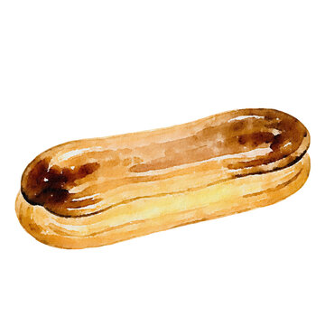 Watercolor chocolate eclair pastry isolated on white background. Hand-drawn illustration of a sweet French bakery dessert treat.