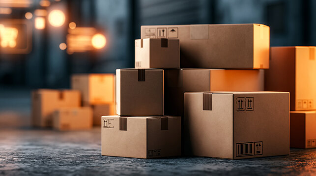 Stacked brown cardboard boxes in warehouse setting, ready for shipping and logistics.