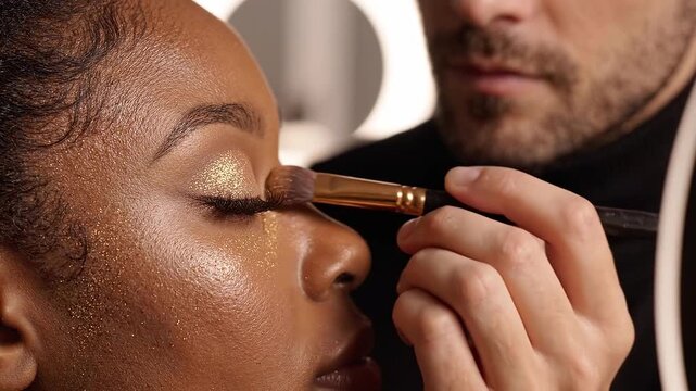 Makeup artist applying golden eyeshadow with brush on african american woman. Beauty salon makeup process close up.