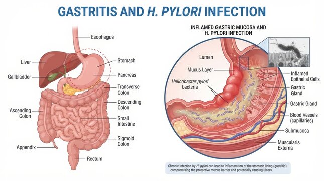 Medical Illustration Gastritis Helicobacter Pylori Stomach Infection Details.