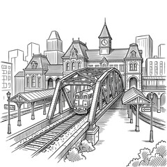 Fototapeta premium Industrial Black and White Sketch of Historic Train Bridge Passing Under a Grand City Building with Clock Tower