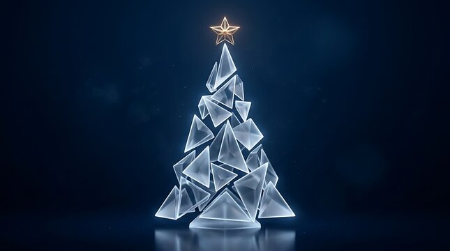 A stunning modern christmas tree illuminated against a deep blue and reflective background