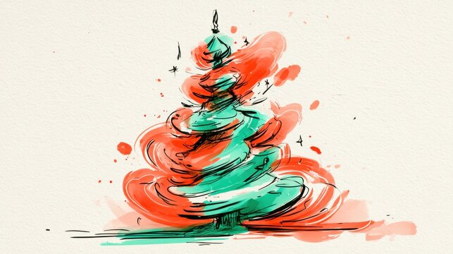 Creative watercolor tree illustration of a whimsical Christmas tree in mint and coral, drawn with loose expressive ink contours, embellished with swirling doodles, showing rich visible brush texture