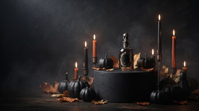 Perfume bottle with a skull cap stands on a dark pedestal surrounded by black pumpkins and lit candles.
