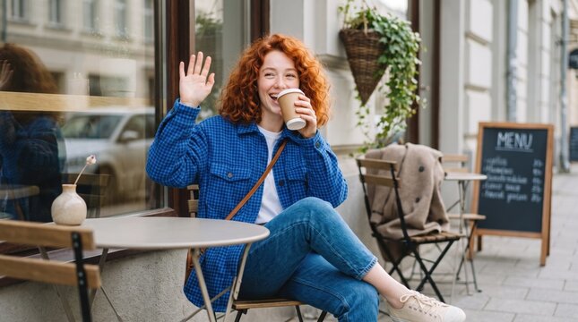 Generative AI, Cheerful woman waving with coffee at outdoor street cafe