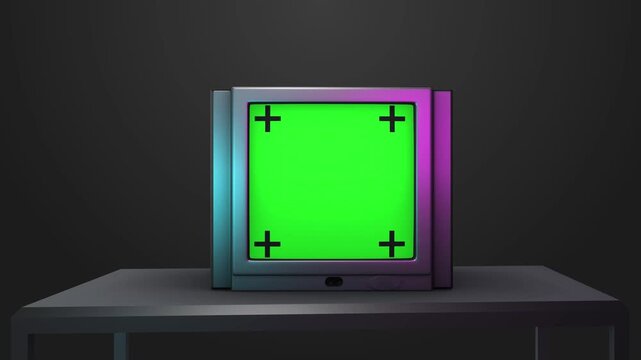 Centered laptop chroma key template vivid green display, tracking cross guides, clean studio floor, front view. software explainers, online course videos, website previews, product promotion edits.