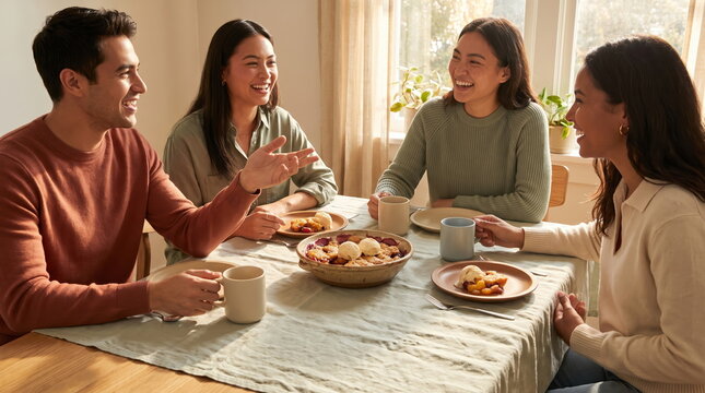 Friends enjoying homemade dessert on a cozy balcony while reading