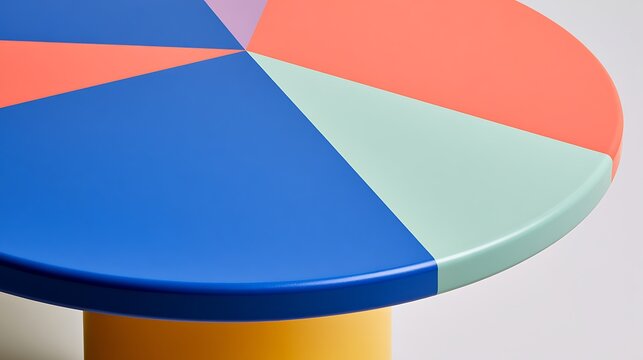 Modern round coffee table with colorful pie chart pattern surface.