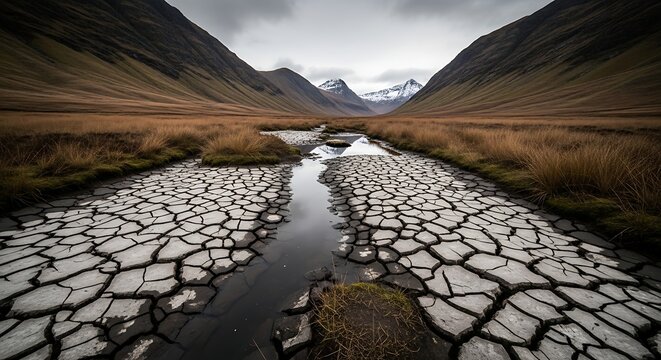 Cracked earth pathway leads toward dramatic snow capped Scottish mountain peaks