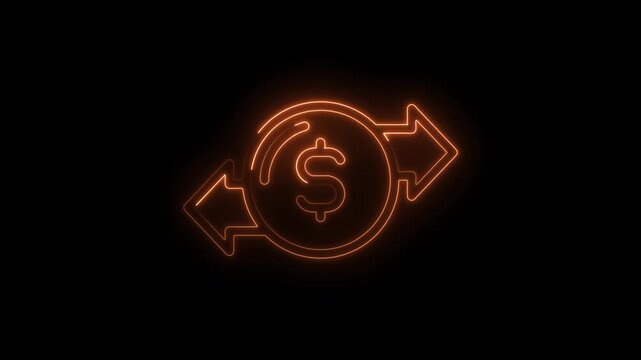Neon dollar sign with circular arrows on black background for finance and exchange concepts