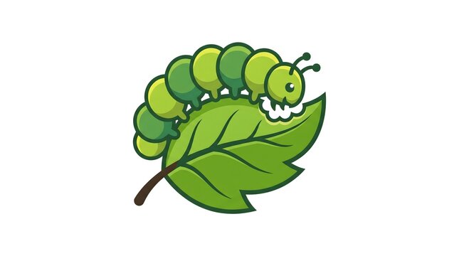 A cute cartoon vector illustration of a bright green caterpillar happily crawling on and eating a fresh green leaf, isolated on a white background