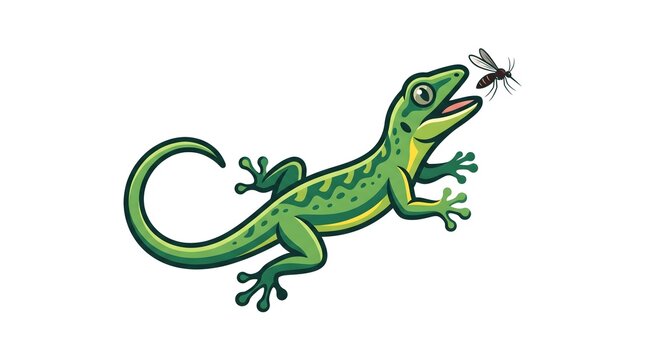 Vector illustration of a bright green gecko or lizard climbing and opening its mouth to catch a flying mosquito insect, isolated on a white background