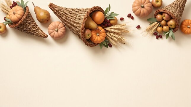 Multiple woven wicker cornucopias filled with assorted autumn harvest fruits and vegetables including pumpkins pears and wheat stalks on a light beige background surface