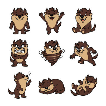 Set of Nine Cute Cartoon Tasmanian Devil Character Poses Expressing Various Happy and Angry Moods