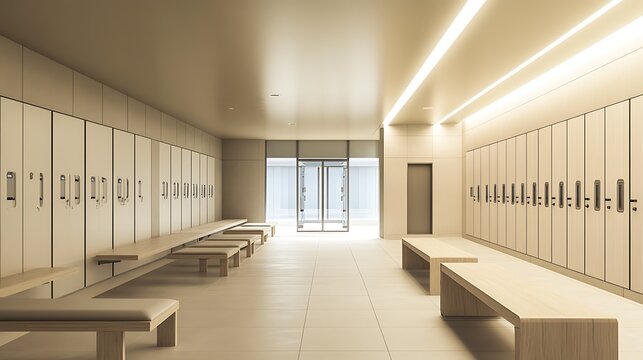 Modern spa locker room interior with wooden benches and neutral tones architectural visualization