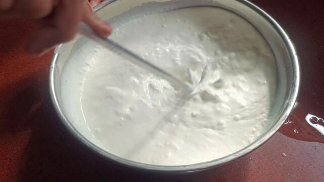 Indian woman churning curd with traditional hand whisk to extract fresh butter close up