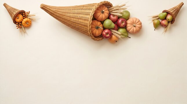 Thanksgiving cornucopia centerpiece with woven wicker basket overflowing with fresh pumpkins, red apples, green pears, and dried wheat stalks on a plain background