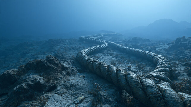Submarine communications cable lying on seabed with rocky terrain in deep blue ocean water.