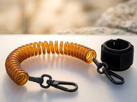 Orange coiled surfboard leash with black ankle cuff, flexible spiral surf tether for water sports, durable plastic spring cord with metal clips