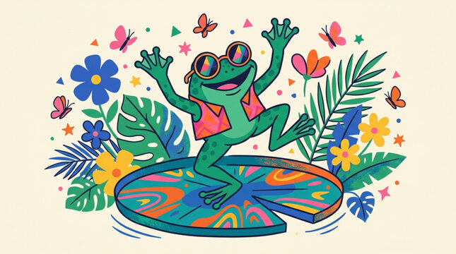 Anthropomorphic frog character dancing in a joyful pose on a white background