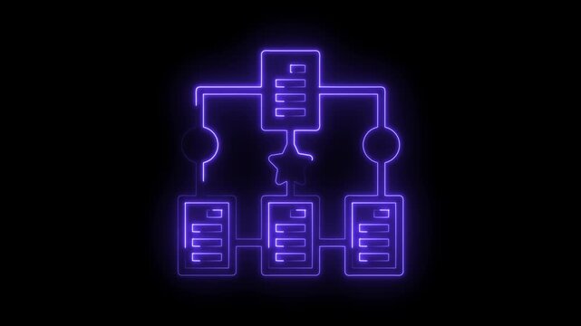 Neon data flowchart depicting process workflow with central star on black background