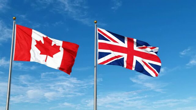 Canadian and british flags waving together against a clear blue sky international diplomacy and partnership concept