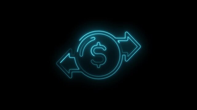 Glowing neon dollar coin with two way arrows represents currency exchange concept