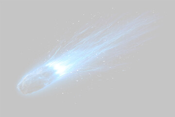 A glowing blue comet streaks through the dark space with a trail of luminous particles. The bright core contrasts against the black background, creating a dynamic and energetic motion. ©  Error404
