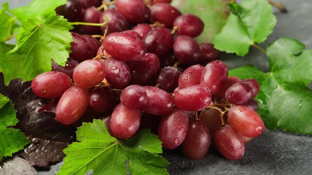 Gorgeous red grapes with green beautiful leaves. Grapevine as fresh fruit or for wine.