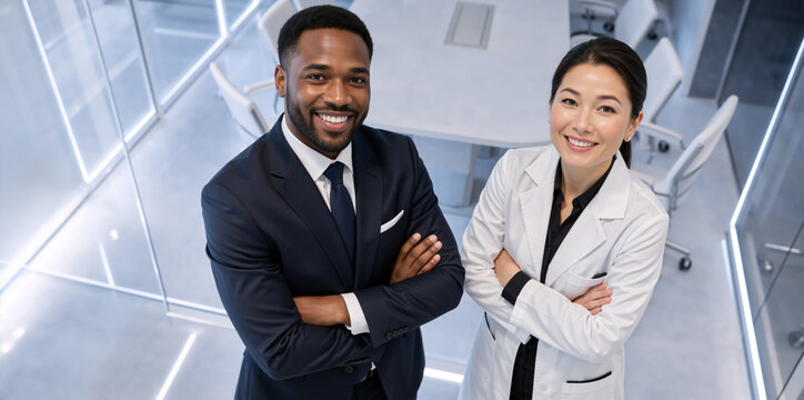 High angle portrait of diverse medical business team. Black businessman in suit and Asian female doctor in lab coat with crossed arms. Healthcare administration and pharmaceutical partnership