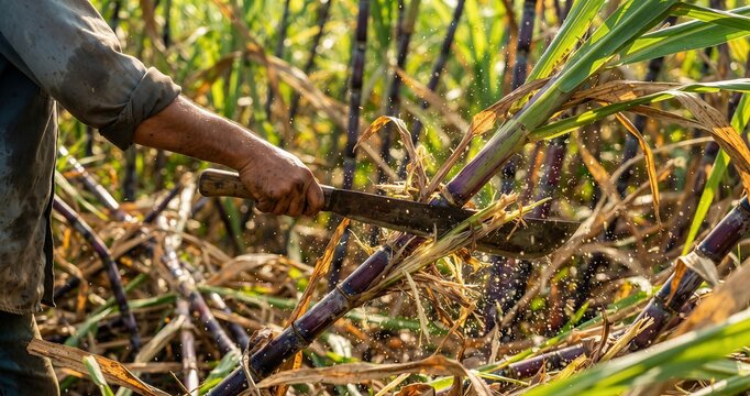 Sugarcane harvesting with machete in sunlit field, traditional agriculture production.