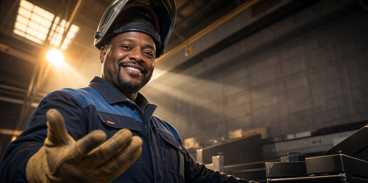 Smiling Black male welder extending a gloved hand in a welcoming gesture. Industrial worker with safety helmet pushed up in a metalworking factory. Skilled labor and manufacturing profession concept