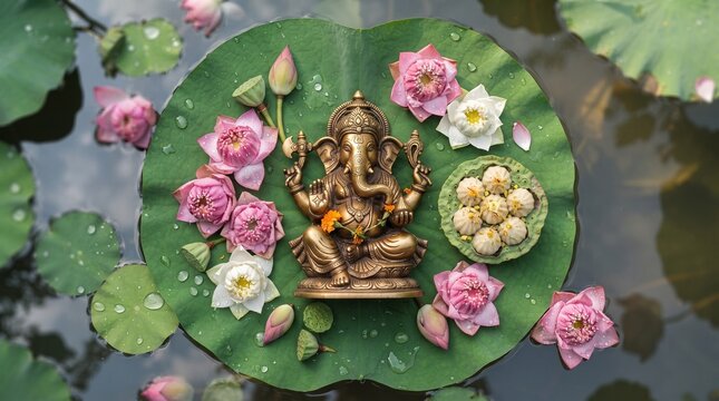 Brass Lord Ganesha idol sitting on a giant lotus leaf with pink flowers and traditional modal sweets