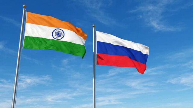 India and russia flags waving together against a clear blue sky international diplomacy and cooperation concept