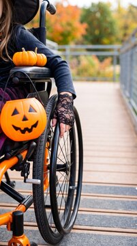person in wheelchair holding hand on wheel decorated with halloween pumpkins outdoors in autumn
