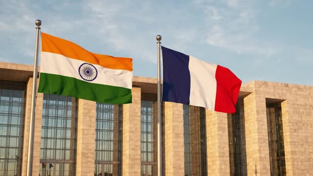 India and france flags waving together in front of modern government building international diplomacy and partnership concept