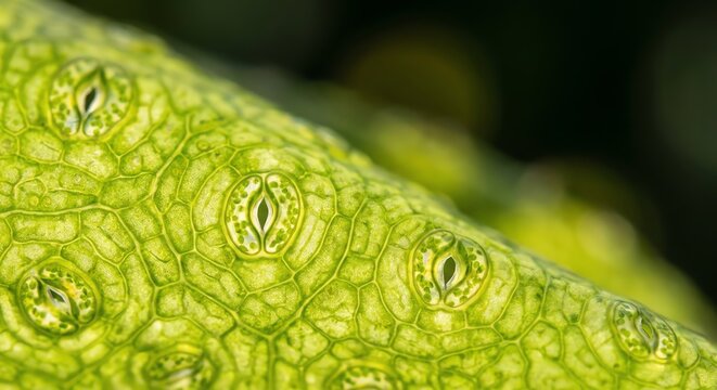 Macro extreme closeup of green plant leaf surface with stomata