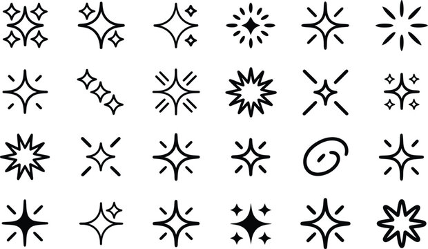 Set of diverse sparkle and star shape outline icons for graphic design elements