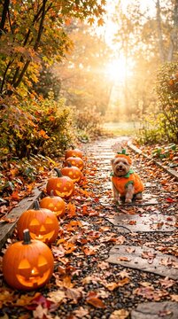 small dog in halloween costume walking on autumn path with carved pumpkins during sunset in forest