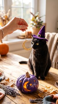 black cat wearing purple witch hat sitting on wooden table with halloween pumpkin and crescent moon decoration indoors