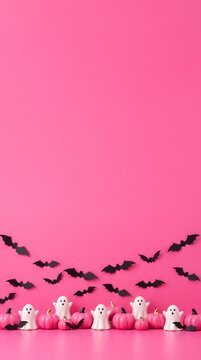 cute halloween decoration with white ghosts, black bats, and pink pumpkins on vibrant pink background