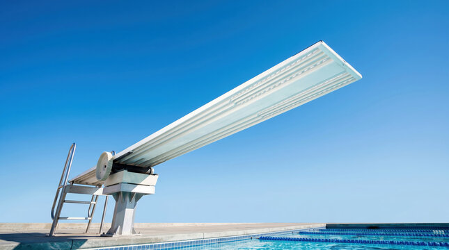 Diving board platform extending over swimming pool water, set against clear blue sky for summer recreation.