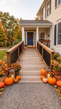 front porch decorated for autumn with pumpkins, flowers, and candles at a suburban home during fall